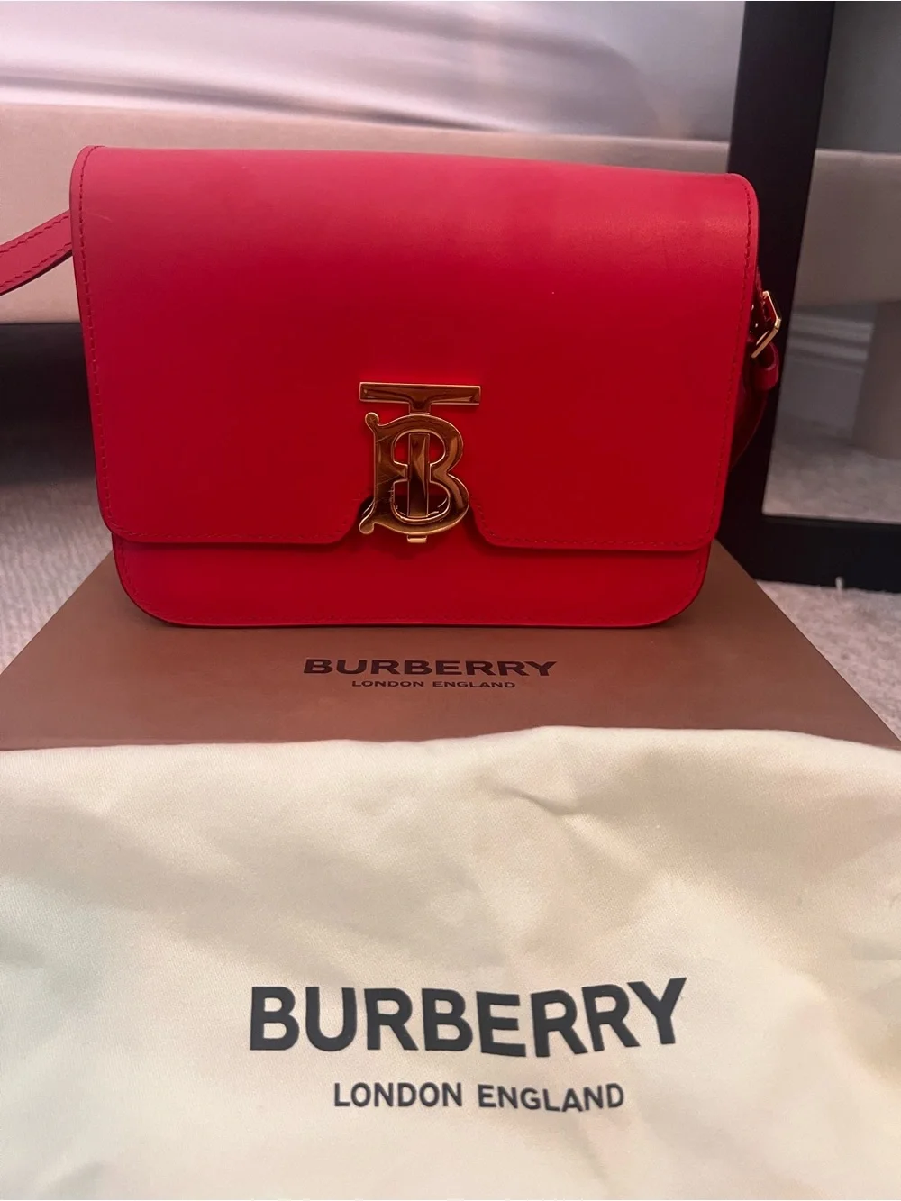 Burberry Red Leather TB Crossbody Bag with Gold Hardware